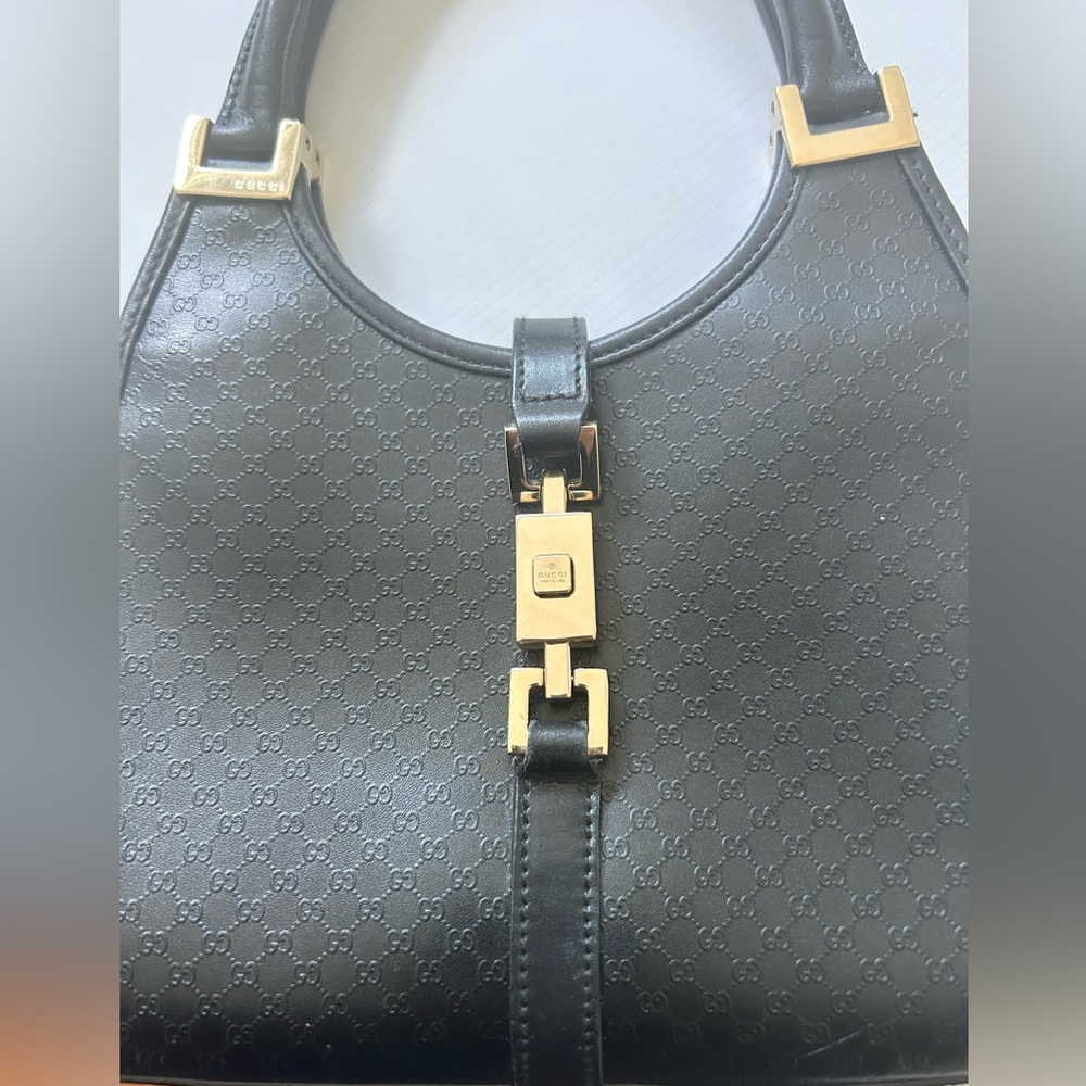Gucci- AUTHENTIC- Black Leather Monogram Bag w/ Gold, Very Rare - Picture 11 of 11